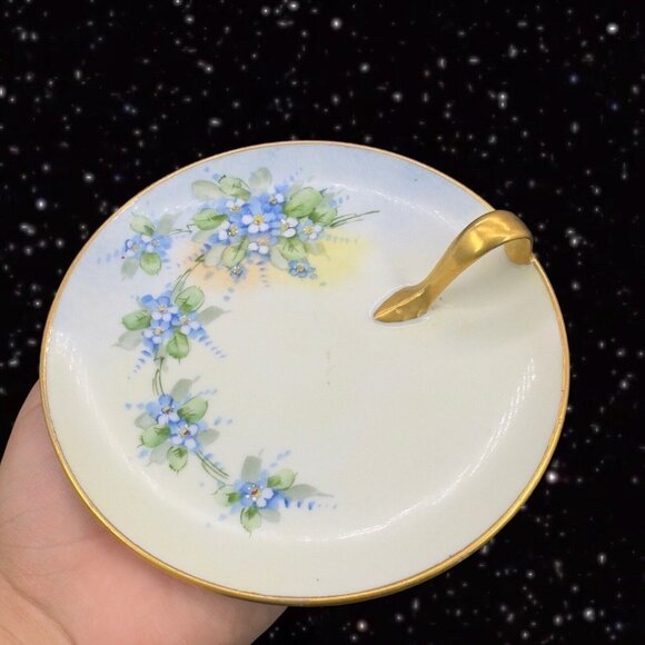 German Fine Porcelain Dish Plate With Folk Painted Handle Hand Painted Flowers - Picture 1 of 12